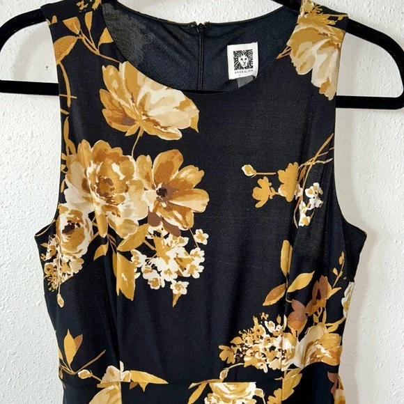 NWT Anne Klein black/mustard yellow floral tie waist sleeveless midi dress sz 6 - Picture 4 of 10